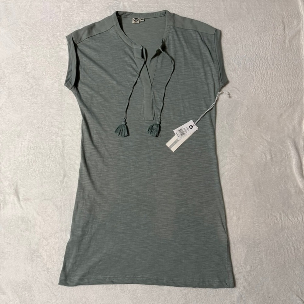 Lagaci Tassel Tie Tunic Dress Women M Sage Green Slub Knit Cap Sleeve‎ Summer